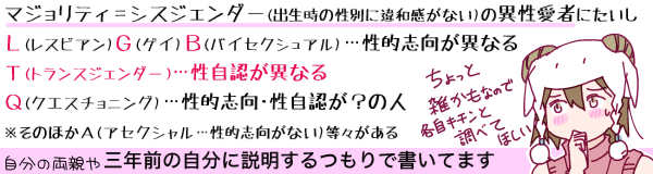 �}�W�����e�B���V�X�W�F���_�[(�o�����̐��ʂɈ�a�����Ȃ�)�ِ̈����҂ɂ������A�k(���X�r�A��)�f(�Q�C)�a(�o�C�Z�N�V���A��)�c���I�u�����قȂ�@�s(�g�����X�W�F���_�[)�c�����F���قȂ�@�p(�N�G�X�`���j���O)���I�u���E�����F���H�̐l�@�����̂ق��`(�A�Z�N�V�����c���I�u�����Ȃ�)���X������@�����̗��e��O�N�O�̎����ɐ����������ŏ����Ă܂��B������ƎG�����Ȃ̂Ŋe���L�`���ƒ��ׂĂق���