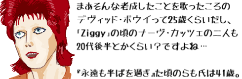 �u�܂�����ȘV���������Ƃ��̂�������̃f���B�b�h�E�{�E�C����25�΂��炢�����A�uZiggy�v�̍��̃i�[���E�J�b�c�F�̓�l��20��㔼�Ƃ����炢�H�ł���ˁc�w�i�������΂��߂��x�����̂������41�΁v�Ƃ����L���v�V�����ƁA�{�E�C�̃C���X�g