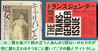 『キャリバンと魔女』と『トランスジェンダー問題』の書影。(この二冊を並べて何か言う人あんまり居ないかもですが、逆に誰も言わなそうなこと書いてこその個人サイトでしょ)