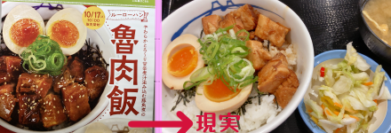 濃ゆい色どりの豚角煮がミッシリ盛りつけられた「魯肉飯」のポスターと、おどろくほど密度のまばらな角煮(?)が散らされた現物。