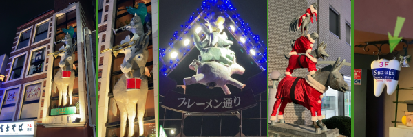 ���ꂼ��y����g���l�i�d�˂ɔw���ɏ�荇���������烍�o�E���E�l�R�E�j���g���B�l�K���ĕ����{�݂̎O�K���Ԃ��ʂ��́u�u���[�����̉��y���v�f�B�X�v���C�B���X�X�̓����ɂ��u�u���[�����ʂ�v�̊ŔƎl�C(�O�C�{��H)�̃f�B�X�v���C�B�w�O�̃u�����Y���͎l�����ꂼ��ɍg���T���^�����������Ă���B�����āA�����w�����̓S���肩��񂰂�ꂽ����҂̉����f�B�X�v���C�B