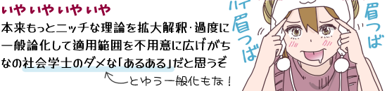 ���₢�₢�₢��A�{�������ƃj�b�`�ȗ��_���g����߁E�ߓx�Ɉ�ʘ_�����ēK�p�͈͂�s�p�ӂɍL�������Ȃ̎Љ�w�m�̃_���ȁu���邠��v���Ǝv����(���Ƃ䂤��ʉ����ȁI)�Ƃ΂���ɁA�������Ɣ��Ƀc�o����u�Ђ������v