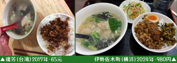 左:瑞芳(台湾)の雲呑湯と魯肉飯65元。右:伊勢佐木町(横浜)2024年のワンタンスープと滷肉飯980円。右のほうが大ぶりでサラダもあり・滷肉飯は煮玉子半分つき
