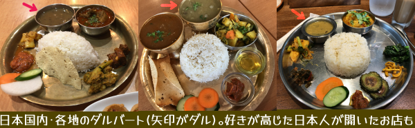 日本国内・各地のダルバート(写真みっつ)。矢印はダル。好きが高じて日本人が開いたお店も。