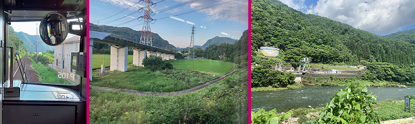 ���R�{������̒��߁B�^�]�Ȃ��猩������H�̐�B�R�Ɨ΂�w�i�ɁA���˓��H�����镗�i�B�R�Ɠd�Ԃ̊ԂɁA���s���Đ삪���镗�i�B