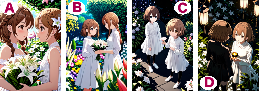 A:�m�[�X���[�u�̔��������s�[�X�𒅂����w�����炢�̏����ӂ��肪�S���̉ԑ����͂���Ō����������Ă���BB:���������̃����s�[�X�������ɂȂ�ԉ��̒��ɂ��郍���O�V���b�g�ɕς��BC:�G�䃏���s�[�X�̐�����o�����������̑������^�C�c�ɂȂ�A�ԉ��̉Ԃ��S�����ۂ�����F�ɂȂ�BD:�ԉ��̒��Ń����^��������A�����������������̕Е�����Ɋ�^�̃L�����h���H���f�������Ă���