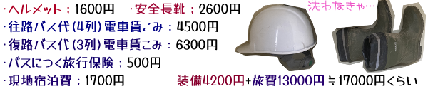 ヘルメット:1600円 安全長靴:2600円 往路バス代(4列)電車賃こみ:4500円 復路バス代(3列)電車賃こみ;6300円 バスにつく旅行保険:500円 現地宿泊費:1700円 装備4200円+旅費13000円=17000円くらい。