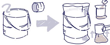 図解。底が抜けた円筒状のバケツに袋をセットし、泥を入れ、袋のほうを抜いて土のうにする。