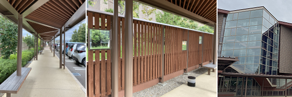 県立図書館まわりの木柵と木のベンチ、図書館の外観も少し。