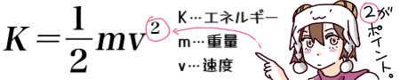 数式K=1/2mv^2。Kはエネルギー、mは重量、vは速度。^2(二乗)がポイント、と指さす羊帽の女の子(ひつじちゃん)。