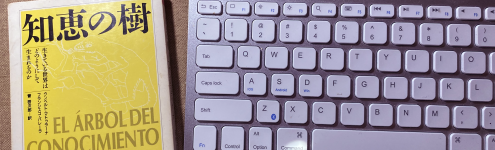 キーボードの傍らに置いた『知恵の樹』書影。
