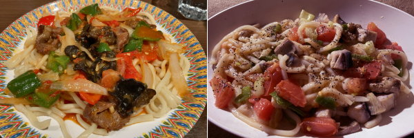 左:市ヶ谷「TANDOOR MASTER」の過油肉ラグメン。右;自分が作ったトマトとピーマン・ネギにダイス切りしたサバを和えた細めうどん(業スー)。