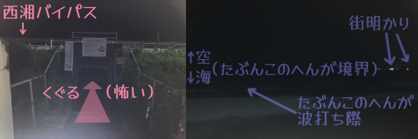 ���F���Ão�C�p�X�B�ׂ��肷��̂�������Βi�̐�́A�^�����Ȏl�p�����s�җp�g���l���B�E�F�������ďo�����l�B�^���Âŋ�ƊC�̋�ʂ����܂���B