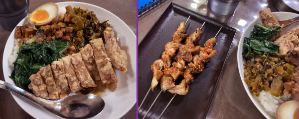 左:上の説明どおりワンプレートに盛られた排骨飯。右:追加で頼んだホルモン串。