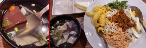 右:うどんのような太さの白い米麺に輪切りの茹で卵・スナックみたいな豆のてんぷら・肉みそ・きなこ(!)など盛られたナンジトツはレモンとタマネギ添え。横の透明なスープに沈んでいたのが左画像のカモ血。レバーみたいな色の柔らかそうな塊。