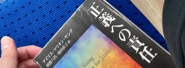 電車のシートで撮影。『正義への責任』書影。